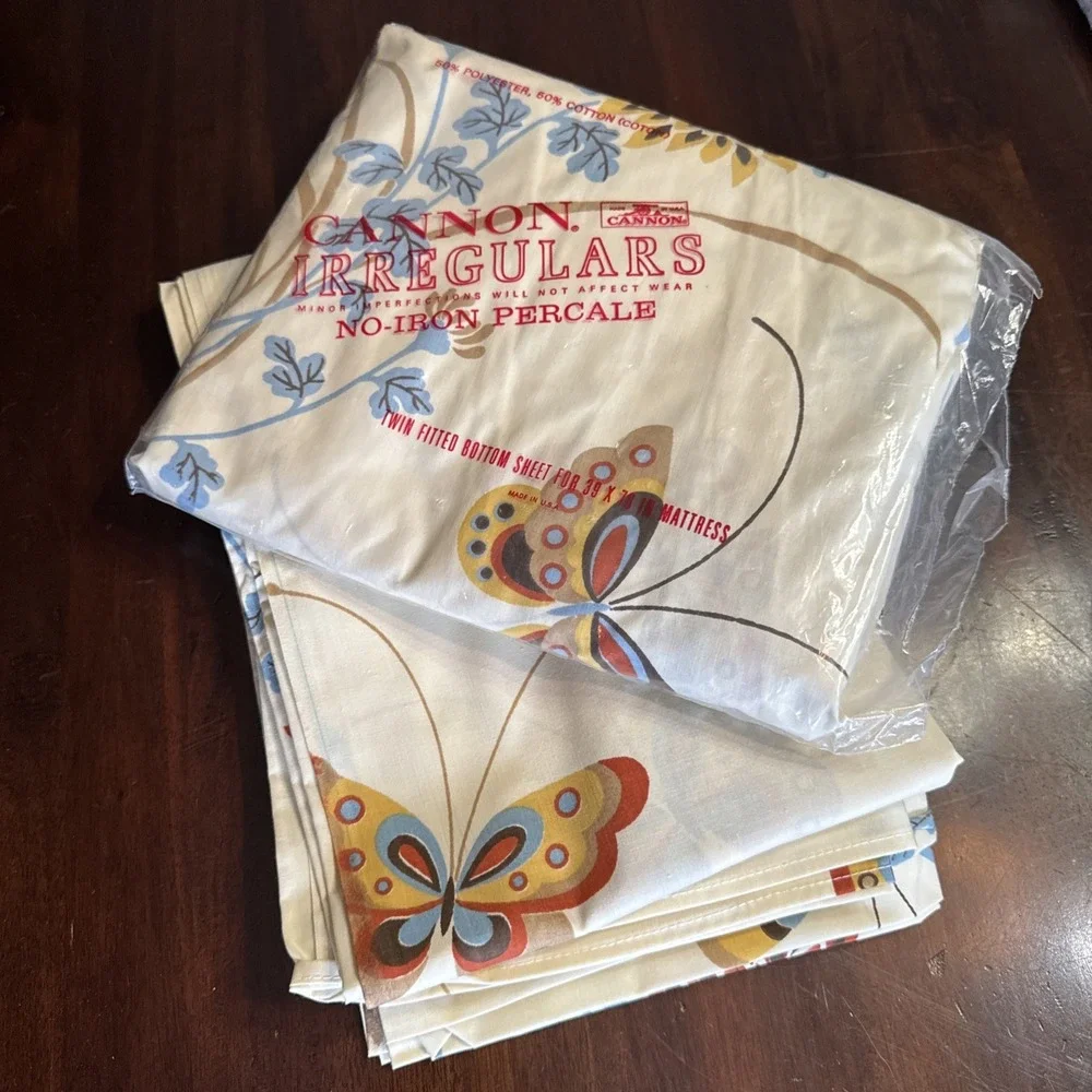 Vintage 70s Cannon Sheets Butterfly Almond‎ TWIN Size Flat Fitted New Dahlia